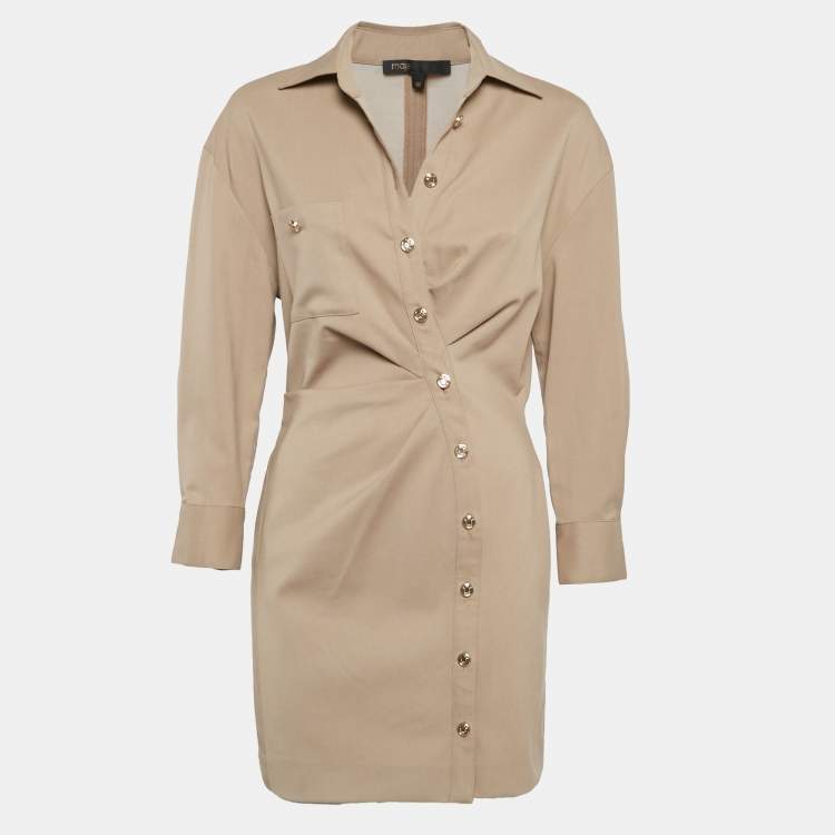 Pre Owned Maje Beige Wool Ruched Mini Shirt Dress S