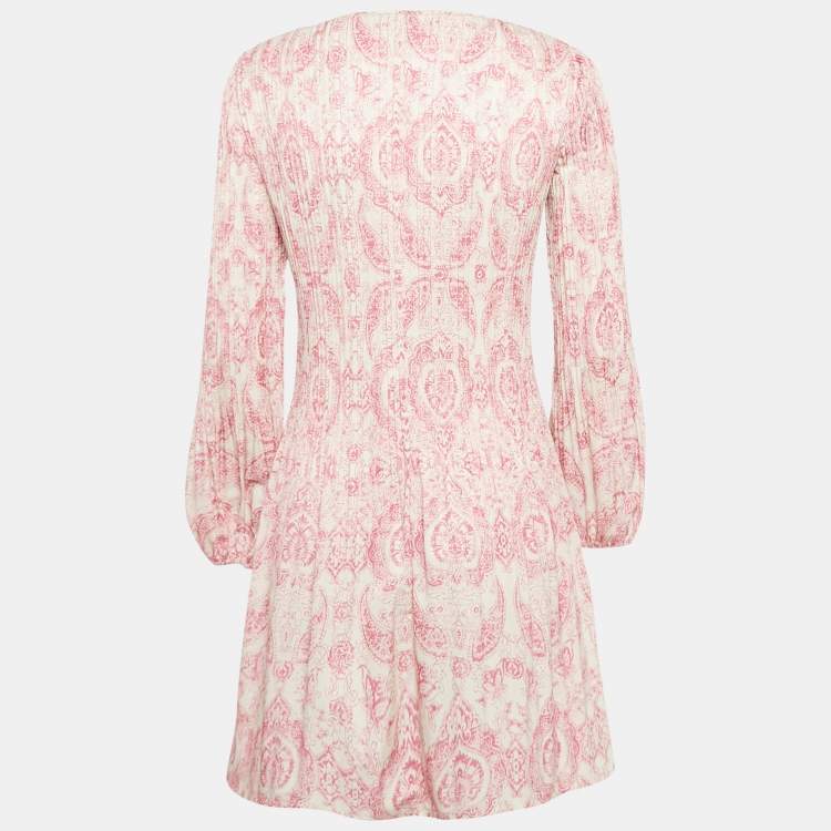 Pre Owned Maje White/Pink Paisley Print Crepe Pleated Mini Dress XS