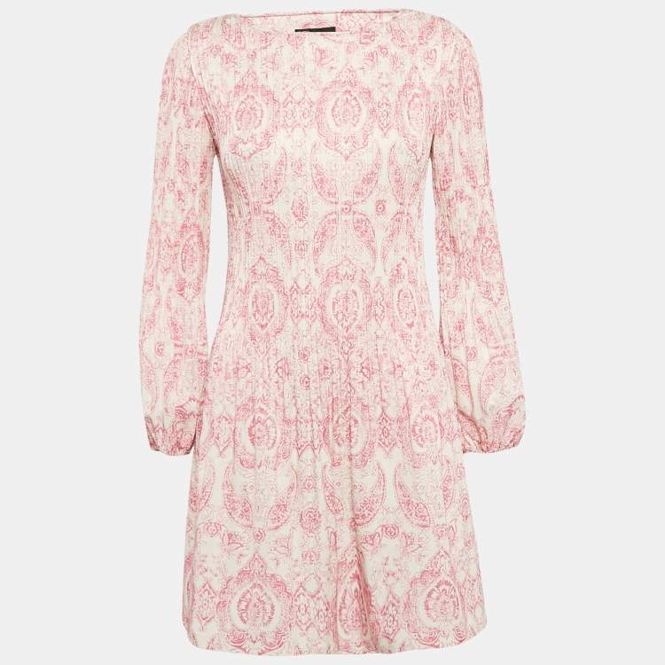 Pre Owned Maje White/Pink Paisley Print Crepe Pleated Mini Dress XS