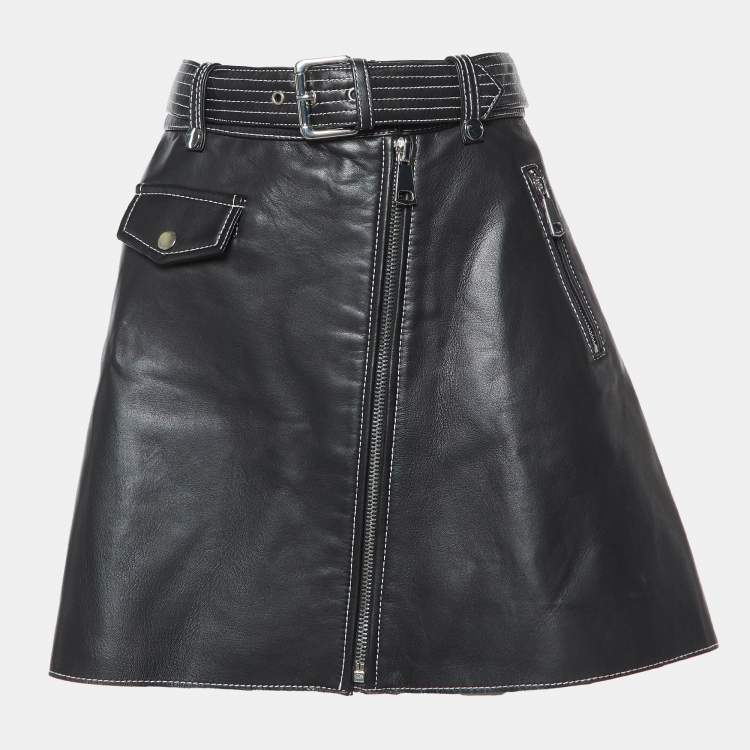 Pre Owned Maje Black Leather Zip-Up Belted Mini Skirt M