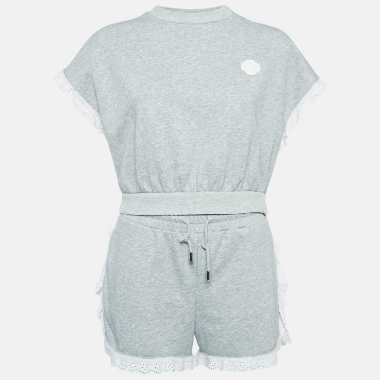 Pre Owned Maje Grey Cotton Knit Lace Trimmed Top and Shorts Set M