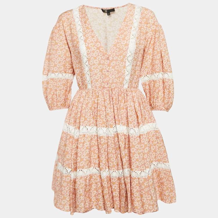 مملوكة مسبقًا Maje Pink Floral Print Linen Blend Rayanik Mini Dress M