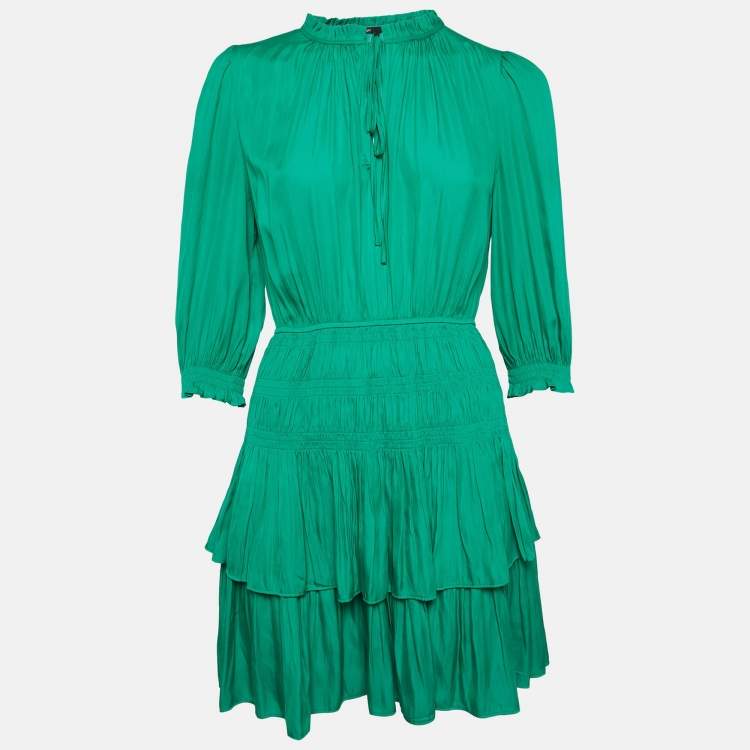 Pre Owned Maje Green Crepe Elasticized and Ruffle Detail Mini Dress M