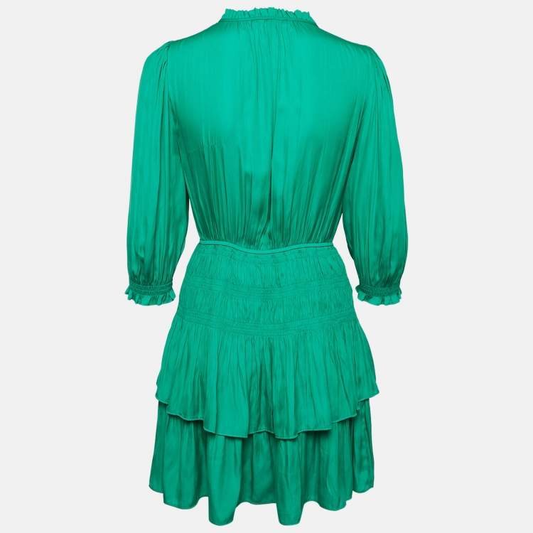 Pre Owned Maje Green Crepe Elasticized and Ruffle Detail Mini Dress M