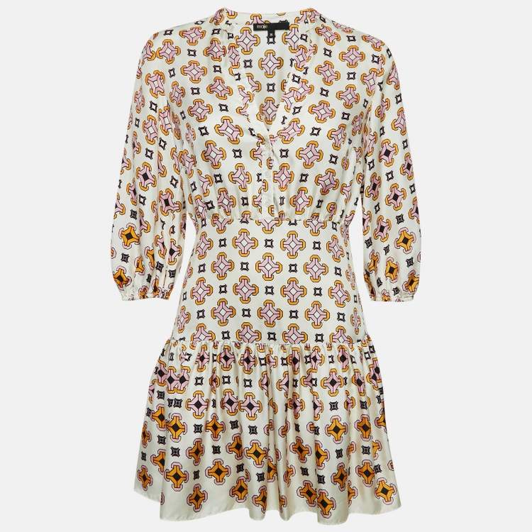 Pre Owned Maje Off-White Geometric Print Silk Mini Dress S