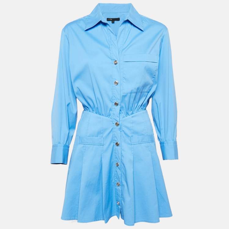 Pre Owned Maje Blue Cotton Button Front Pleated Mini Dress XS