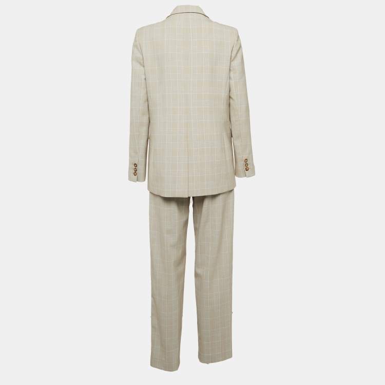 Pre Owned Maje Beige Glen Check Crepe Double Breasted Pants Suit L