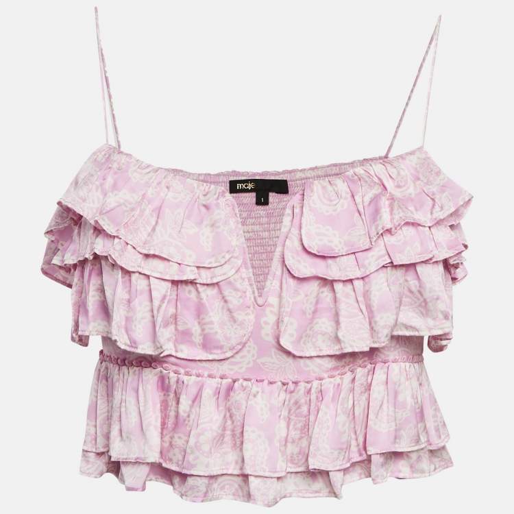 Pre Owned Maje Pink Paisley Print Satin Ruffled Crop Top S