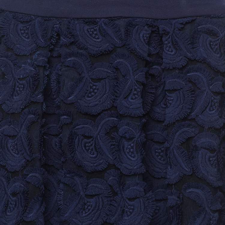 Pre Owned Maje Blue Fabric Floral Lace Midi Skirt S