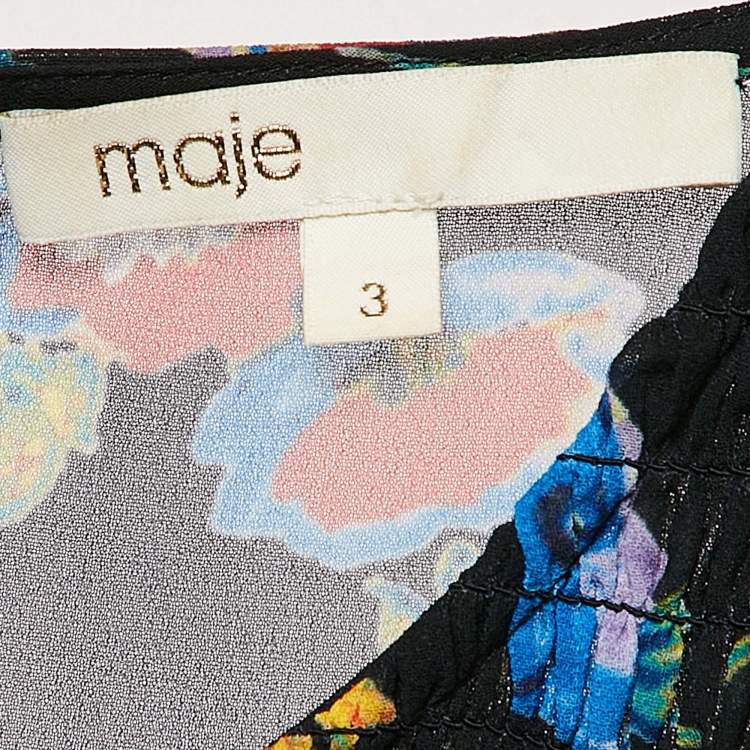 Pre Owned Maje Black Floral Print Crepe Smocked Top L