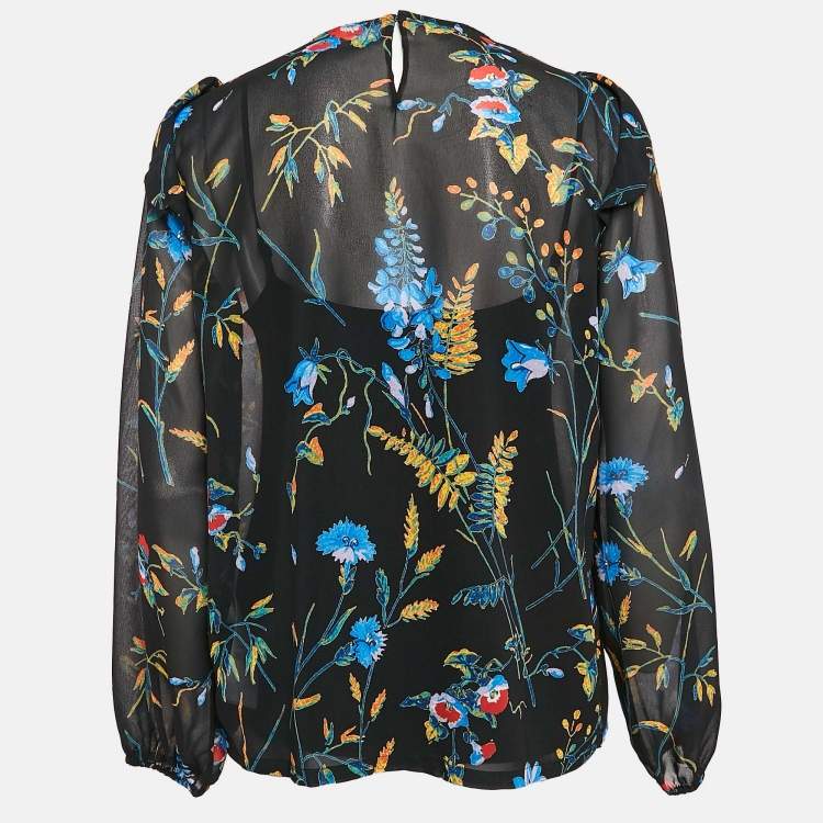 Pre Owned Maje Black Floral Print Crepe Smocked Top L