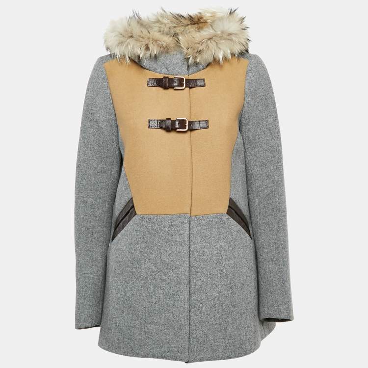 Pre Owned Maje Grey Wool Buckle Detail Fur Hooded Coat M
