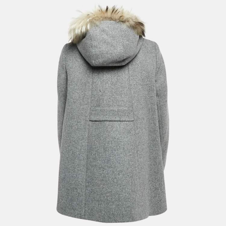 Pre Owned Maje Grey Wool Buckle Detail Fur Hooded Coat M