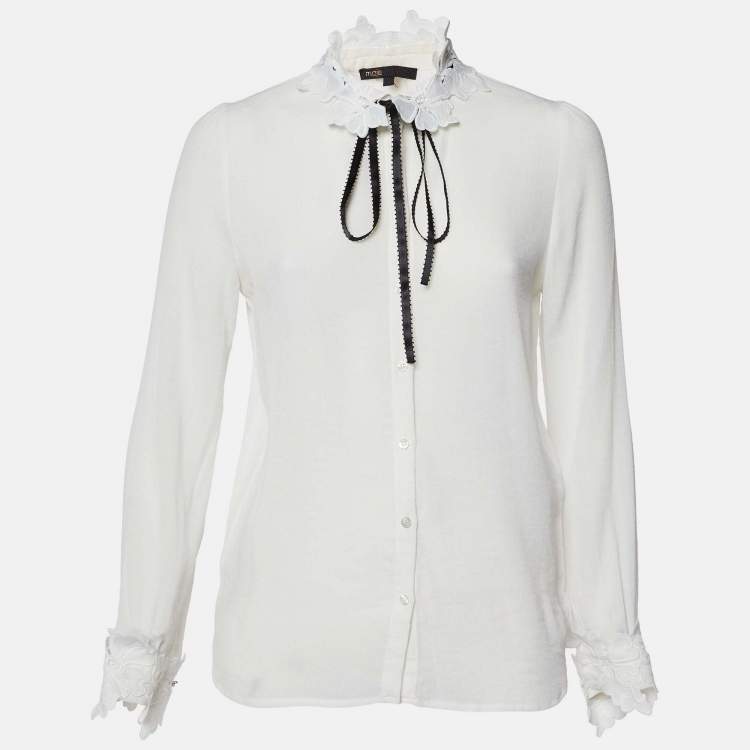 Pre Owned Maje White Crepe Floral Lace Trim Cassi Blouse S