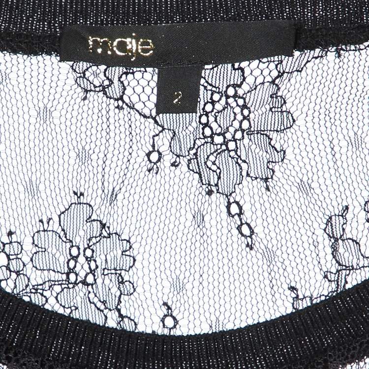 Pre Owned Maje Black Floral Lace Full Sleeve Top M