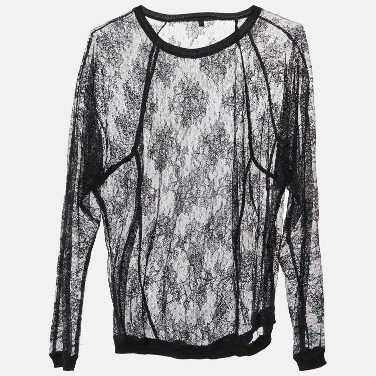 Pre Owned Maje Black Floral Lace Full Sleeve Top M