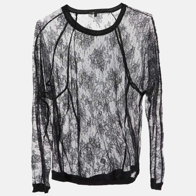 Pre Owned Maje Black Floral Lace Full Sleeve Top M