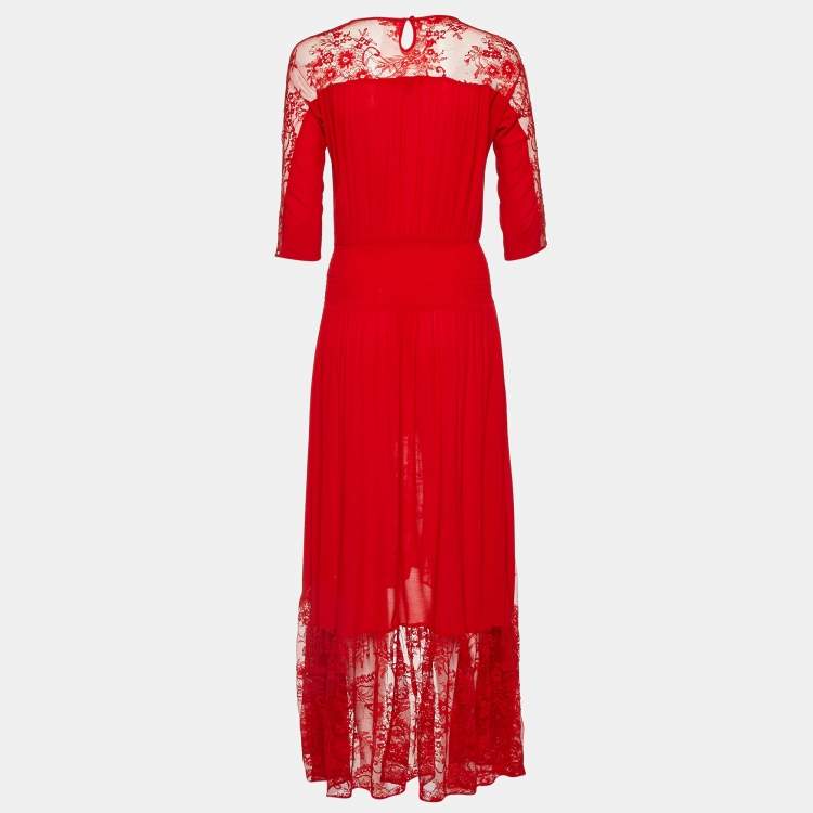 Pre Owned Maje Rouge Crepe & Lace Ritema Midi Dress M