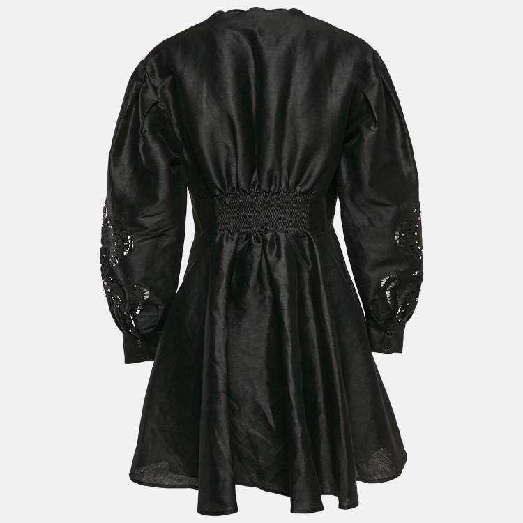 Pre Owned Maje Black Studded Linen Cut-Out Detail Mini Riclint Dress M