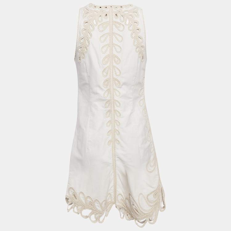 Pre Owned Maje White Embroidered Gabardine Cotton Cut-Out Detail Mini Dress XL