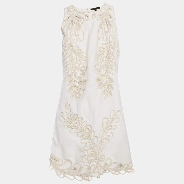 Pre Owned Maje White Embroidered Gabardine Cotton Cut-Out Detail Mini Dress XL