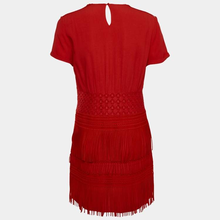 Pre Owned Maje Red Crepe Lace Trim Detail Fringed Mini Dress M