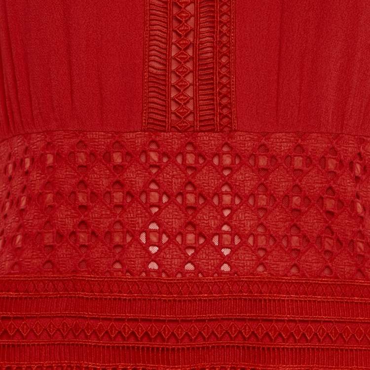 Pre Owned Maje Red Crepe Lace Trim Detail Fringed Mini Dress M