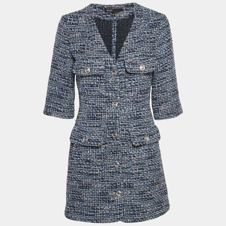 Pre Owned Maje Blue Lurex Tweed Button Front Mini Dress M
