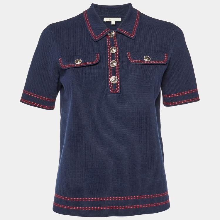 Pre Owned Maje Navy Blue Cotton Contrast Stitch Misla Polo Jumper M