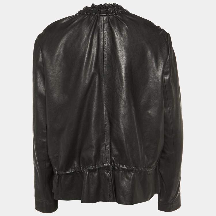 Pre Owned Maje Black Leather Ruched Biker Jacket L