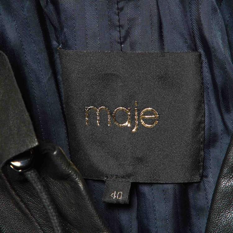 Pre Owned Maje Black Leather Ruched Biker Jacket L