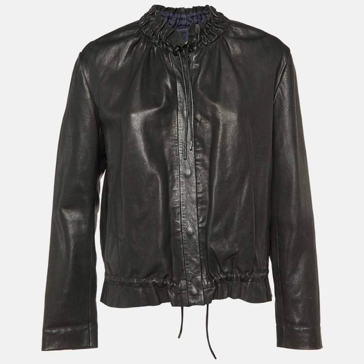 Pre Owned Maje Black Leather Ruched Biker Jacket L