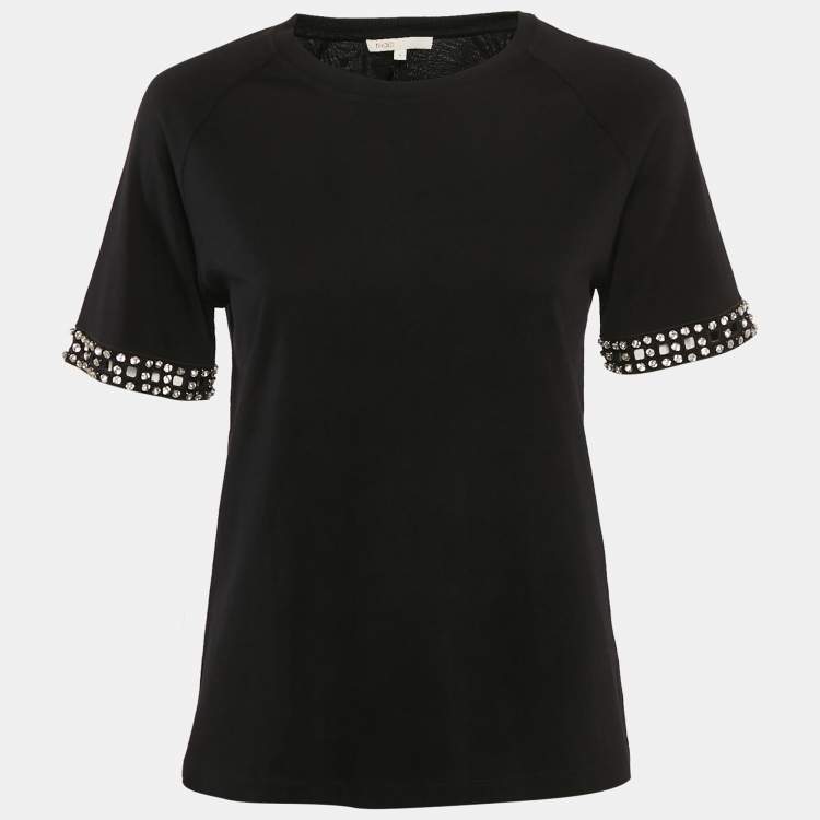 Pre Owned Maje Black Cotton Stud Detail Crew-Neck T-Shirt S