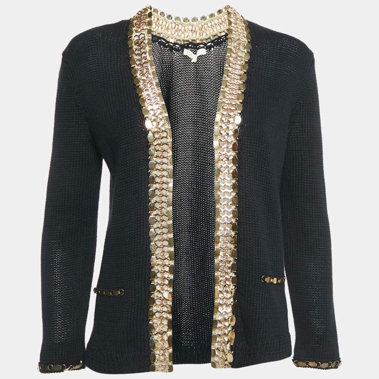 Pre Owned Maje Black Embellished Linen and Cotton Fascinate Cardigan S