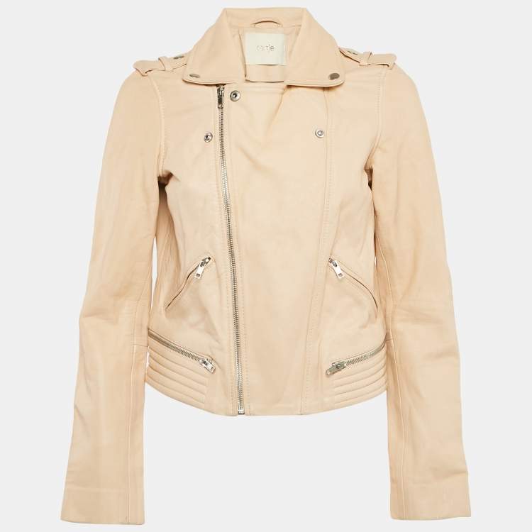 Pre Owned Maje Pink Nude Leather Zip-Up Biker Jacket M