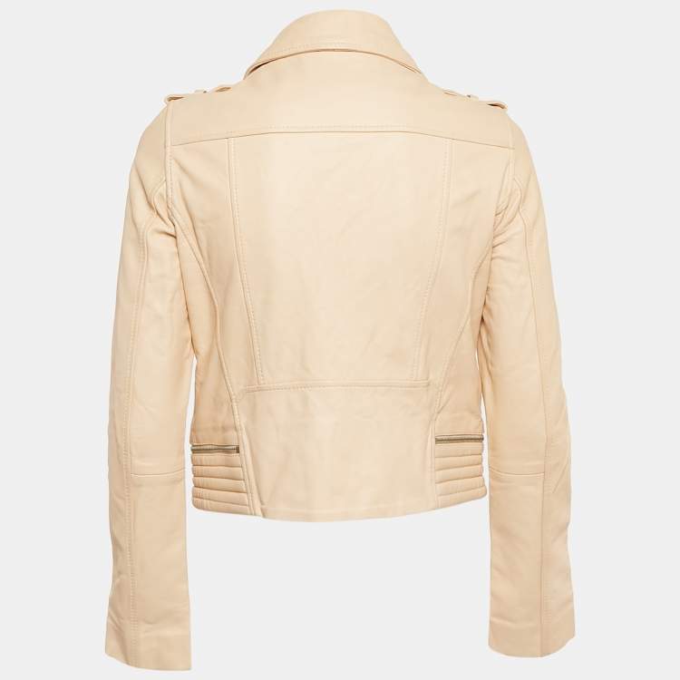 Pre Owned Maje Pink Nude Leather Zip-Up Biker Jacket M
