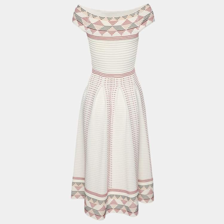 مملوكة مسبقًا Maje White Striped Stretch Knit Midi Dress S