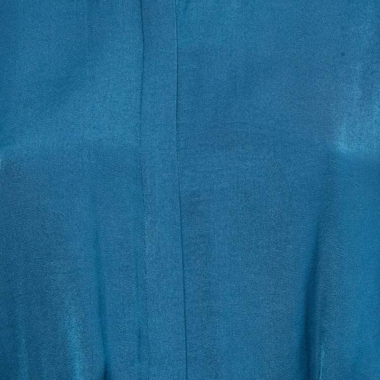 Pre Owned Maje Blue Silk Shirring Detail Belted Shirt Dress XL
