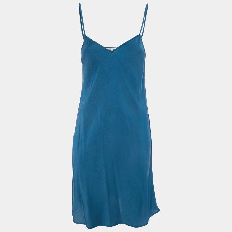 Pre Owned Maje Blue Silk Shirring Detail Belted Shirt Dress XL