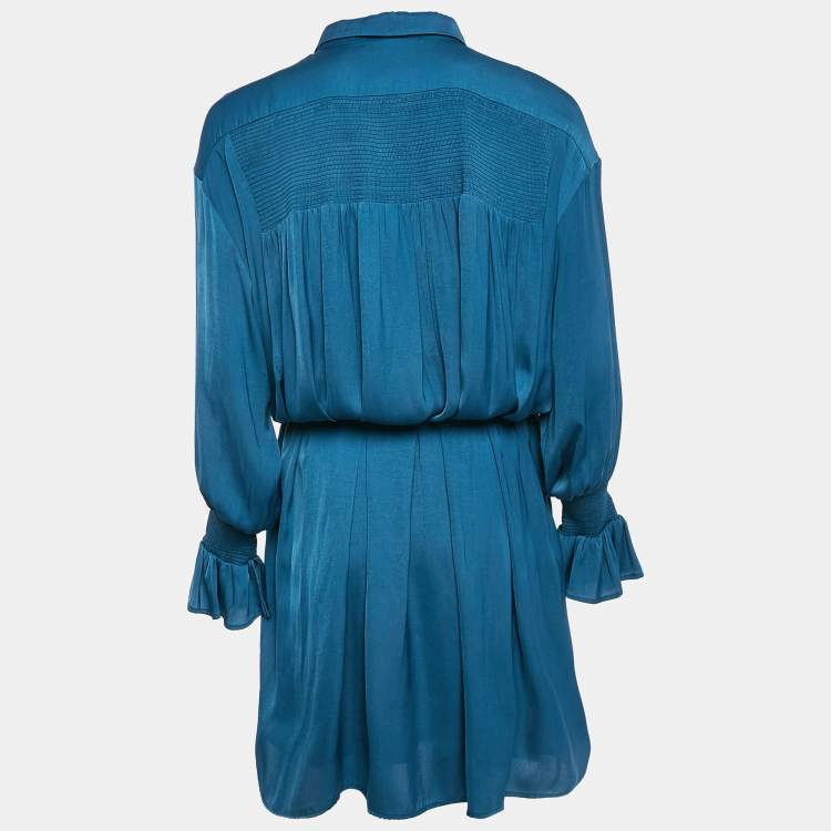 Pre Owned Maje Blue Silk Shirring Detail Belted Shirt Dress XL