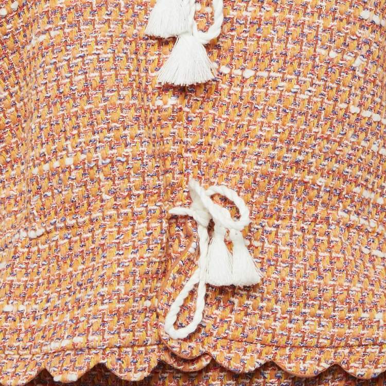 Pre Owned Maje Orange Tweed Tie-Up Jacket and Skirt Set S/M