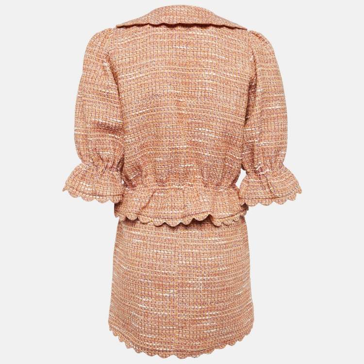 Pre Owned Maje Orange Tweed Tie-Up Jacket and Skirt Set S/M