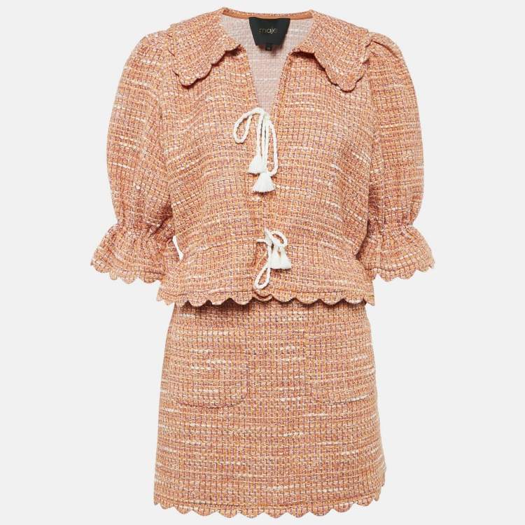 Pre Owned Maje Orange Tweed Tie-Up Jacket and Skirt Set S/M