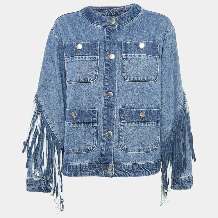 Pre Owned Maje Blue Fringed Denim Button Front Single Breasted Jacket L