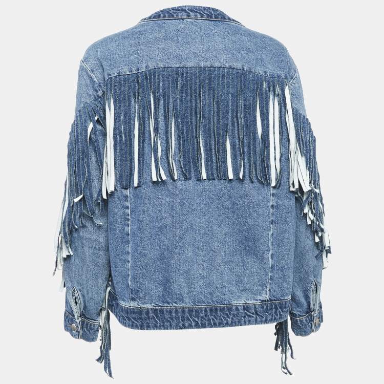 Pre Owned Maje Blue Fringed Denim Button Front Single Breasted Jacket L