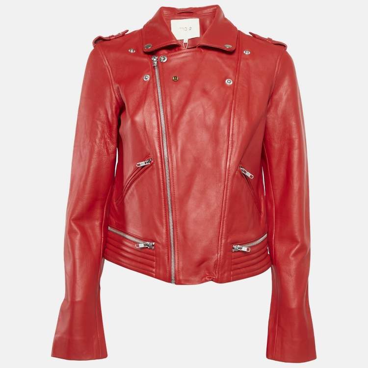 Pre Owned Maje Red Leather Biker Jacket L