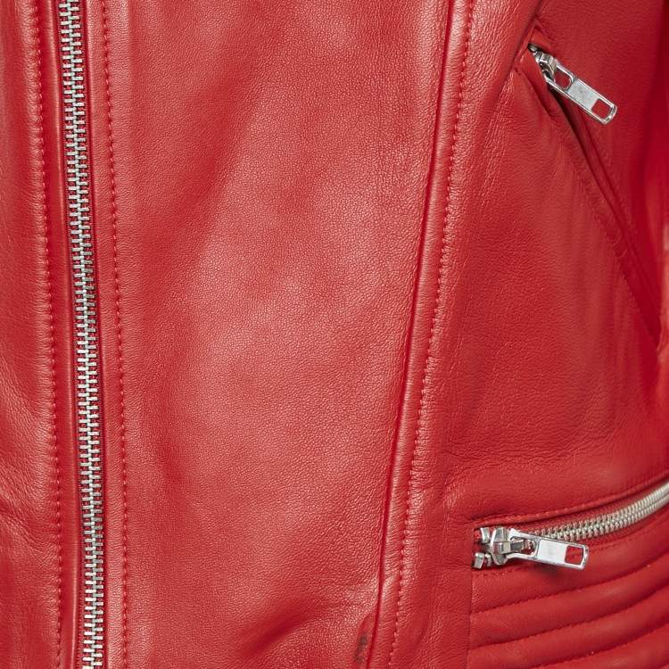Pre Owned Maje Red Leather Biker Jacket L