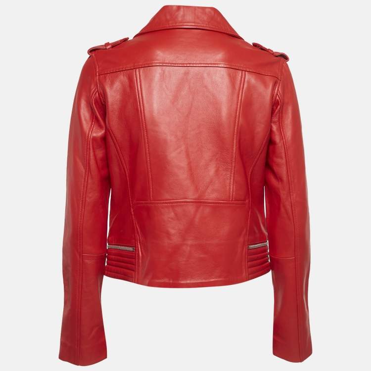 Pre Owned Maje Red Leather Biker Jacket L