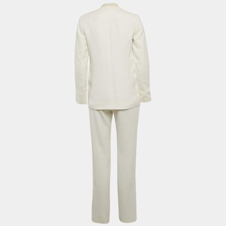 Pre Owned Maje White Crepe Leather Trim Detail Pants Suit S