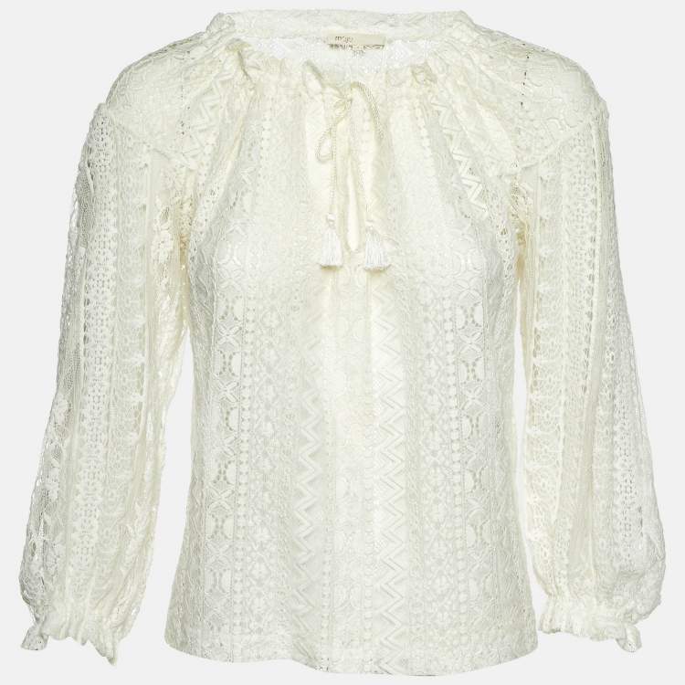 Pre Owned Maje White Lace Ruffled Sheer Blouse M